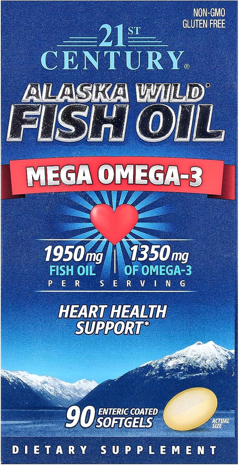 21st Century Alaska Wild Fish Oil Softgels, Mega Omega-3, Enteric Coated, 90 Count | Alaska Wild Fish Oil with omega-3 EPA & DHA, Heart, Joint
