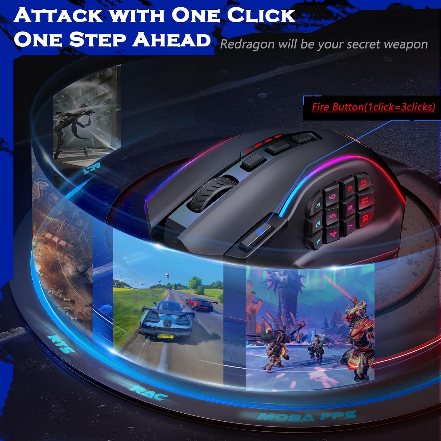 Redragon Gaming Mouse, MMO Mouse Gaming UP 12400 DPI, 19 Macro Programmable Buttons, RGB Mouse with 12 Side Buttons, 8 * 2.4g Weight Tuning for PC Laptop MOBA FPS, M901K, Black