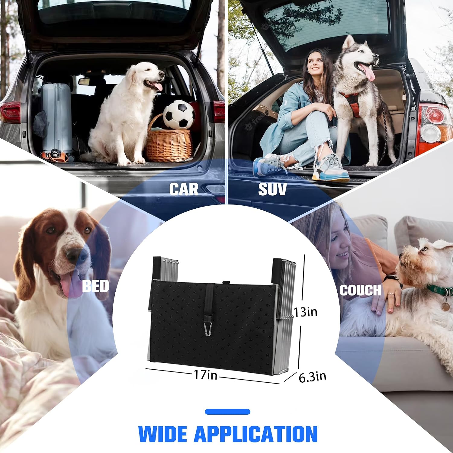 Foldable Dog Stairs for Car,17" Extra Wide Pet Ramp for Large Dog,6 Steps | 17" Extra Wide 200LBS Capacity Lightweight Portable Reinforced Pet Ramp for SUV Truck High Bed
