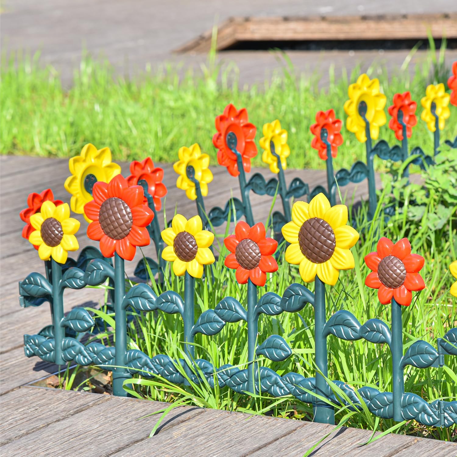 Sungmor Plastic Garden Picket Fence Edging, Sunflower Decor Lawn Flower Bed Border Panels, 4 Pack Total 98 Inches Length