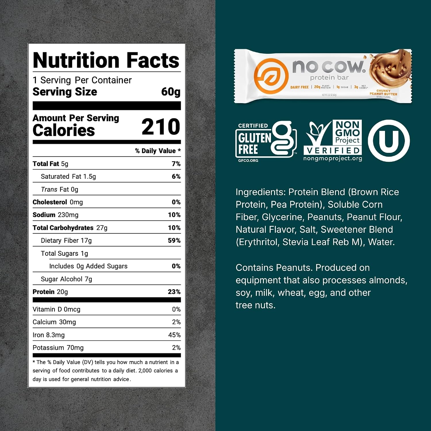 No Cow Peanut Butter Chocolate Chip Vegan Protein Bars, 12 Pack | 20g High Plant-Based Protein, High Fiber, Low Sugar, Gluten-Free, Dairy-Free, Soy-Free, Keto-Friendly Snack Bars