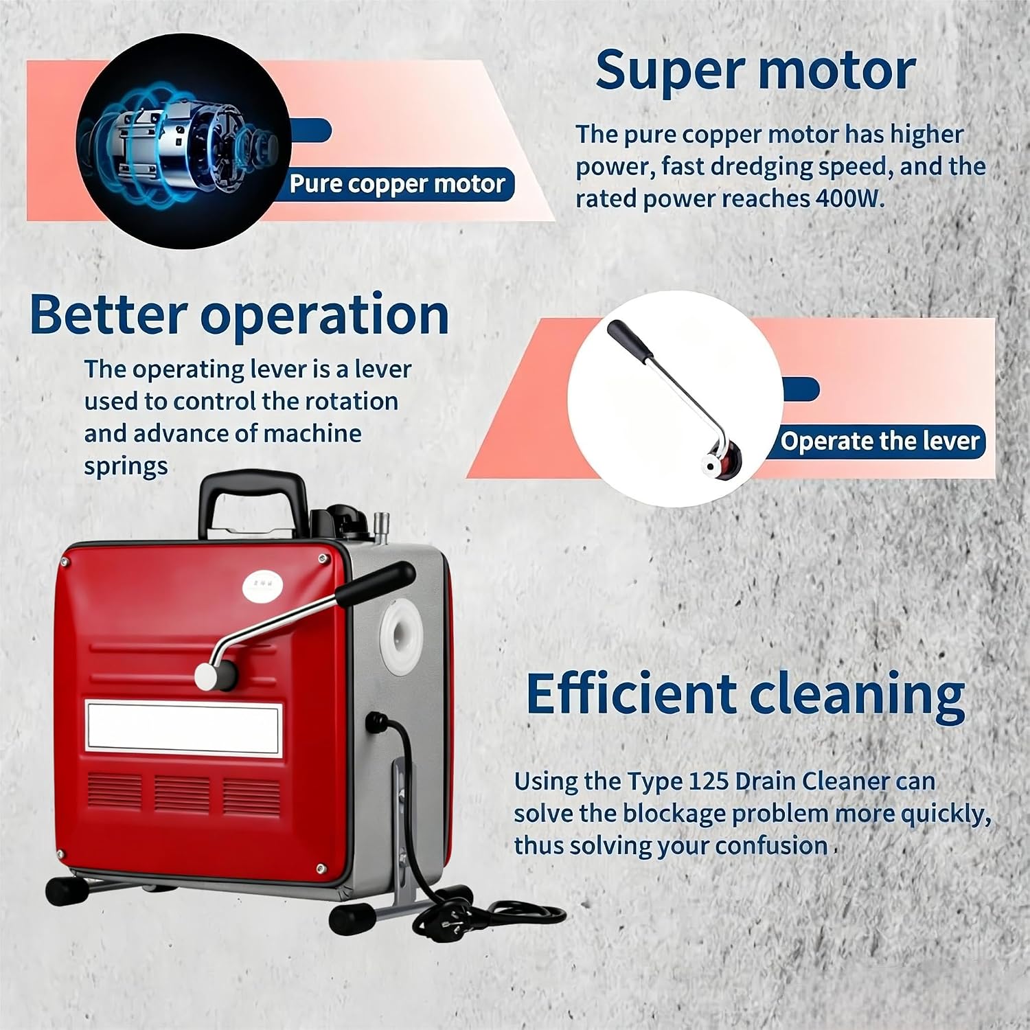 Drain Cleaner Machine, 90Ft Electric Drain Drill (74 'x 5/8 "and 16' x 3/8"), 400W 3-wire electric, portable design, comes with 6 knife heads