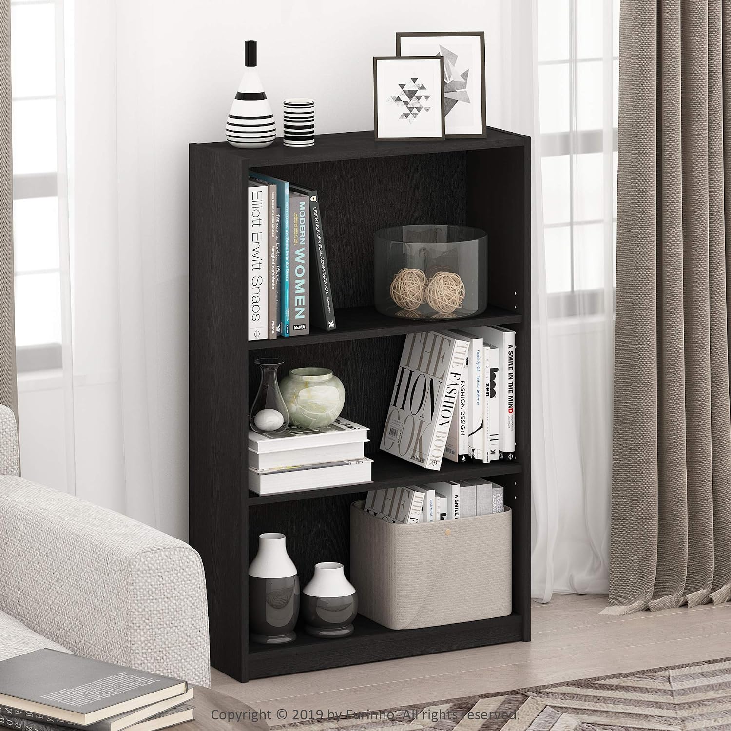 Furinno Jaya Book Shelf, 3-Tier Bookshelf, Bookcase with Adjustable Shelves, 9.5 x 24.5 x 40.3, for Organization and Storage, for Living Room, Bedroom, Home Office, White