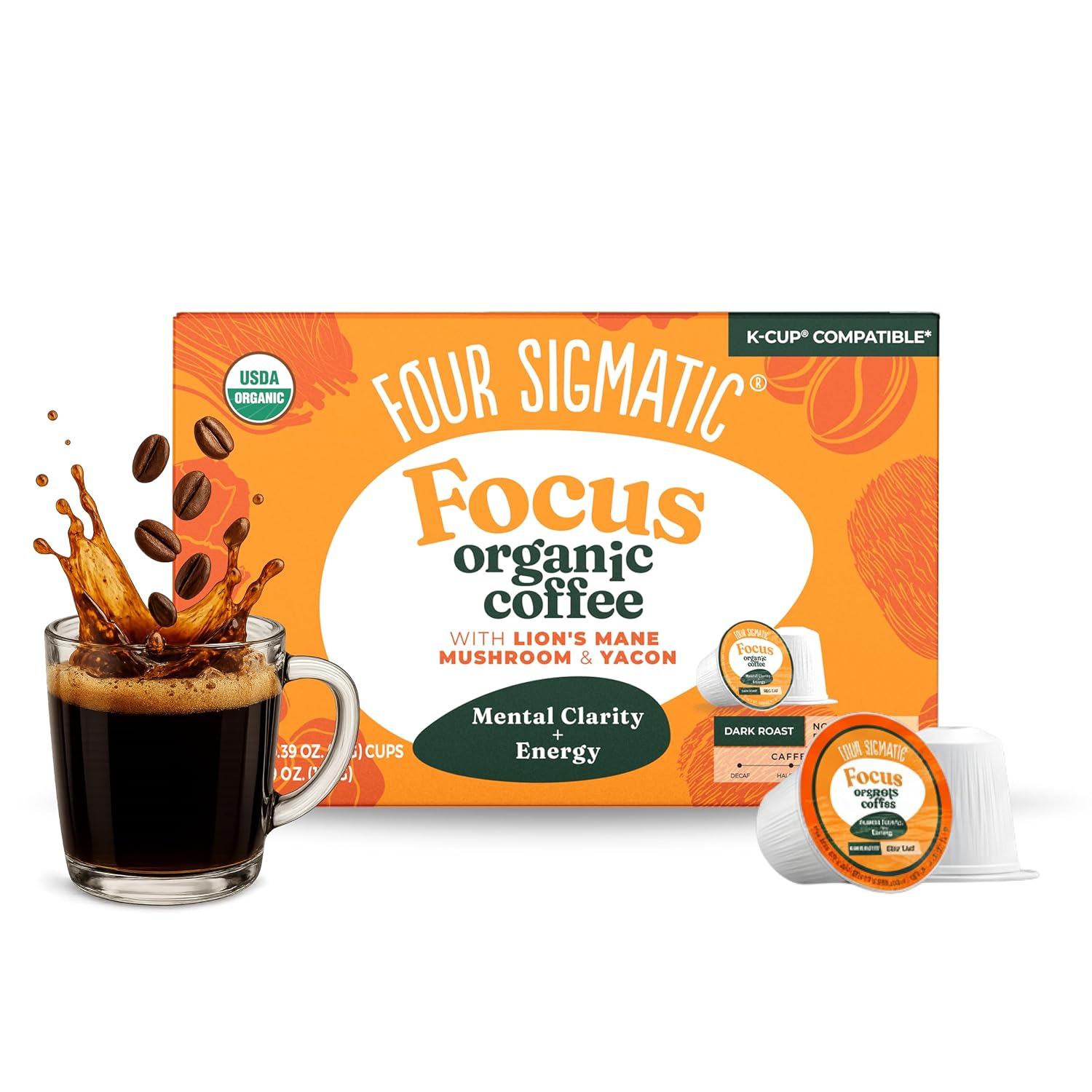 Four Sigmatic Mushroom Coffee K-Cups | Organic Dark Roast Coffee with Lion’s Mane Mushroom Powder & Yacon | Focus & Immune Support | Vegan & Keto
