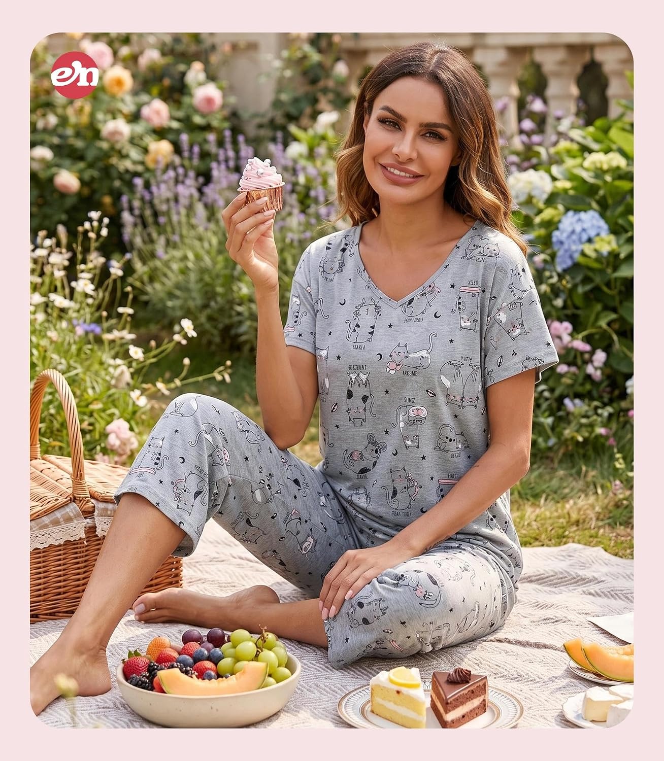 ENJOYNIGHT Womens Pajama Set Cotton Short Sleeve Top With Capri Pants Pj