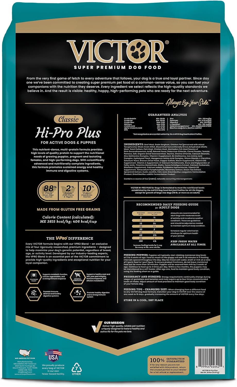 VICTOR Hi-Pro Plus Dry Dog Food - High Protein Gluten Free Dry Kibble, 5lb | Super Premium Dog Food, 30% Protein, Beef, Chicken, Pork and Fish Meals, For High Energy & Active Dogs & Puppies, 5lbs