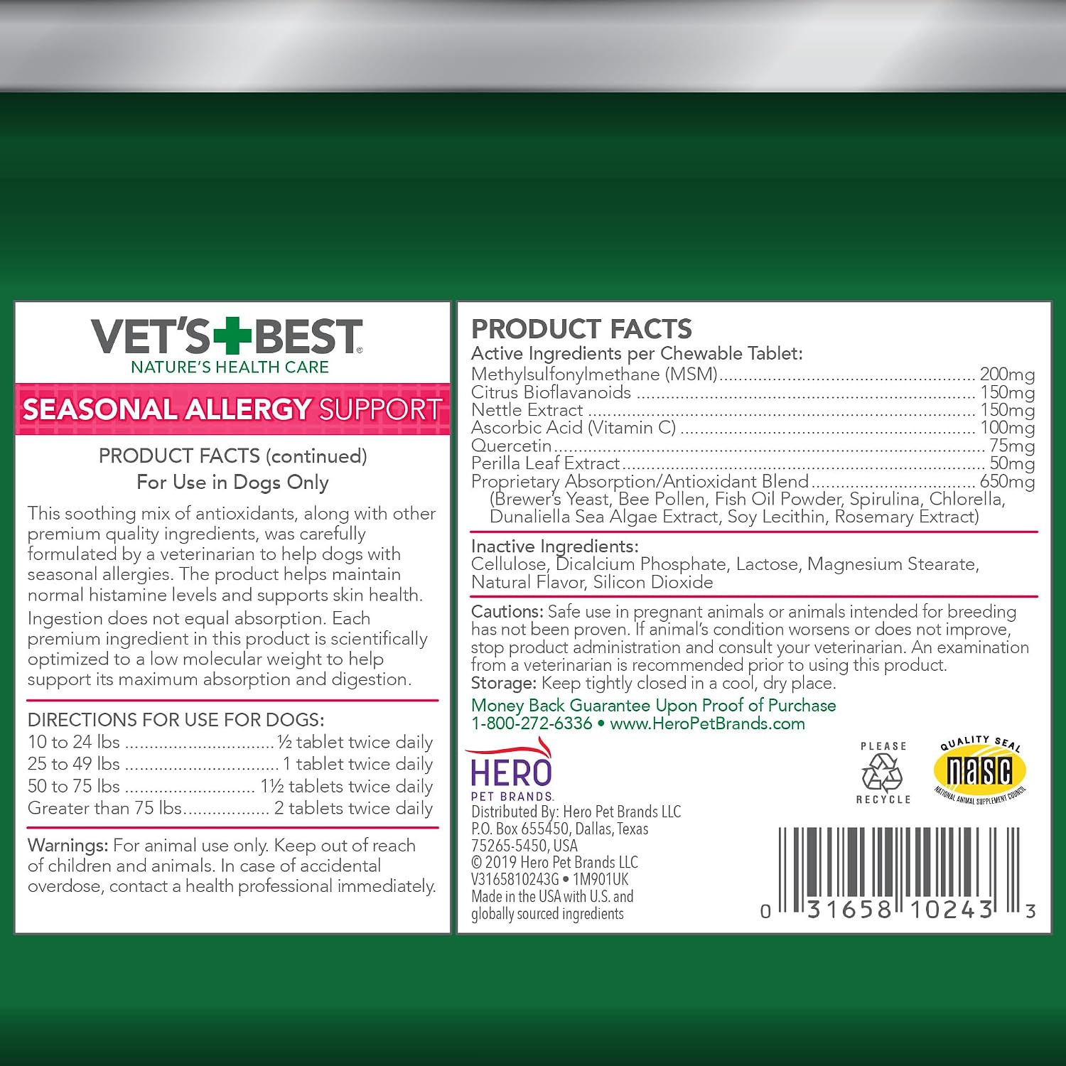 Vet's Best Seasonal Allergy Chewable Tablets for Dogs, Soothes Dog, 60ct | Seasonal Allergy Relief Tablets, Helps Soothe Itchy Skin