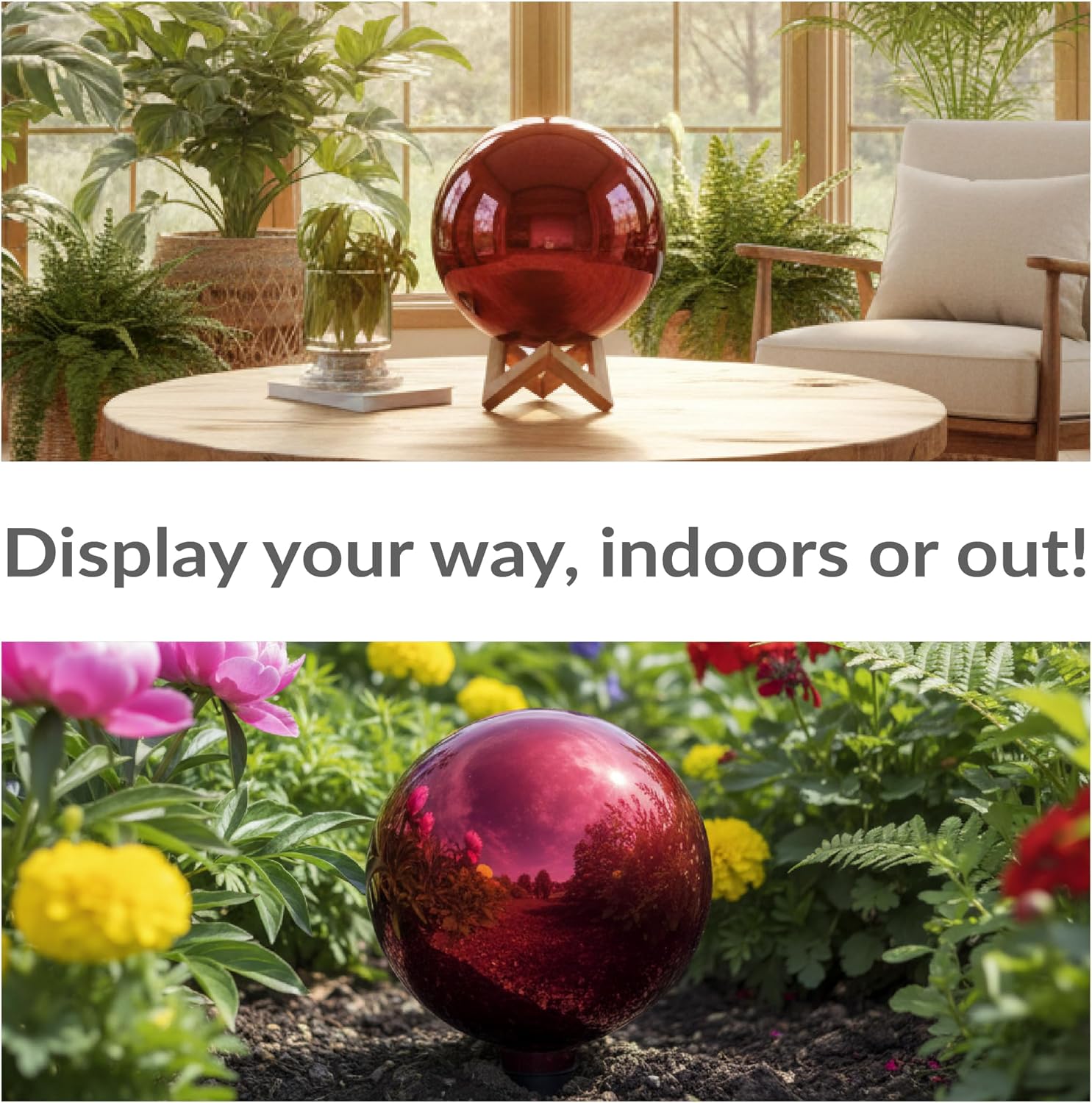Sunnydaze 10-Inch Handblown Mirrored Glass Gazing Ball, Red | Reflective Outdoor Garden Globe Sphere, for Yard, Patio, Flower Bed, Walkway, and Landscape Decor, Stainless Steel Finish