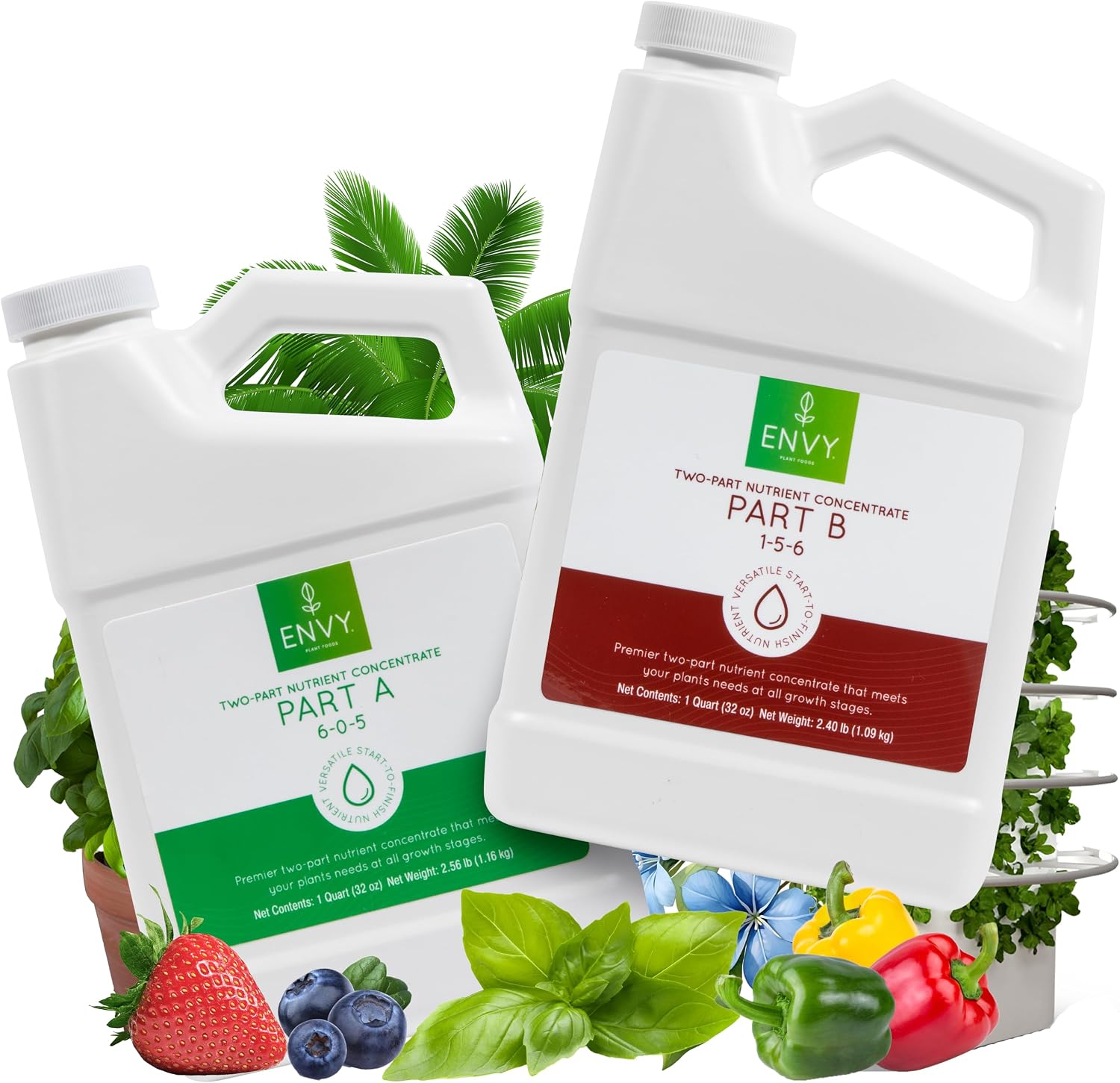 ENVY Hydroponic Plant Food A & B – Two-Part Liquid Nutrient for Indoor/Outdoor Plants – Soil, Coco, Hydroponics, DWC – Quart Set
