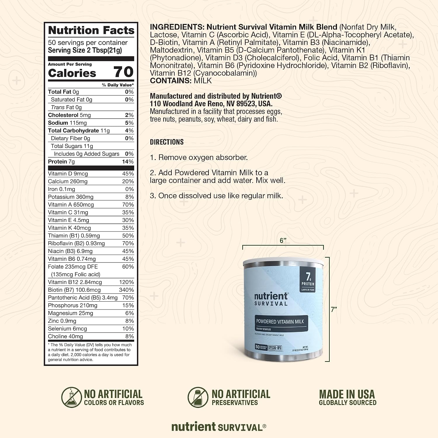 Nutrient Survival Vitamin Powdered Milk, Freeze Dried Prepper Supplies & Emergency Food Supply, 21 Essential Nutrients, Soy & Gluten Free