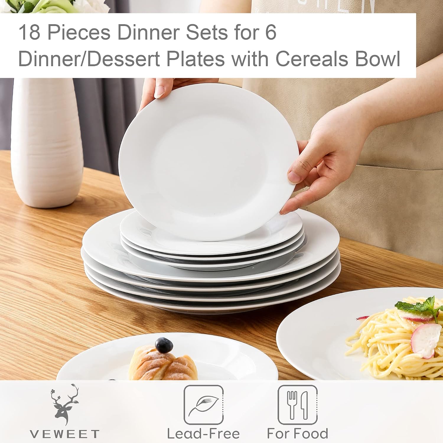VEWEET 30 PCS Ceramic Dinnerware Sets for 6, Pink Floral Dish Set, ANNIE | Porcelain Dinner Set Including Dessert Plates, Soup Plates, Dinner Plates, Cups & Saucers, Microwave & Dishwasher Safe