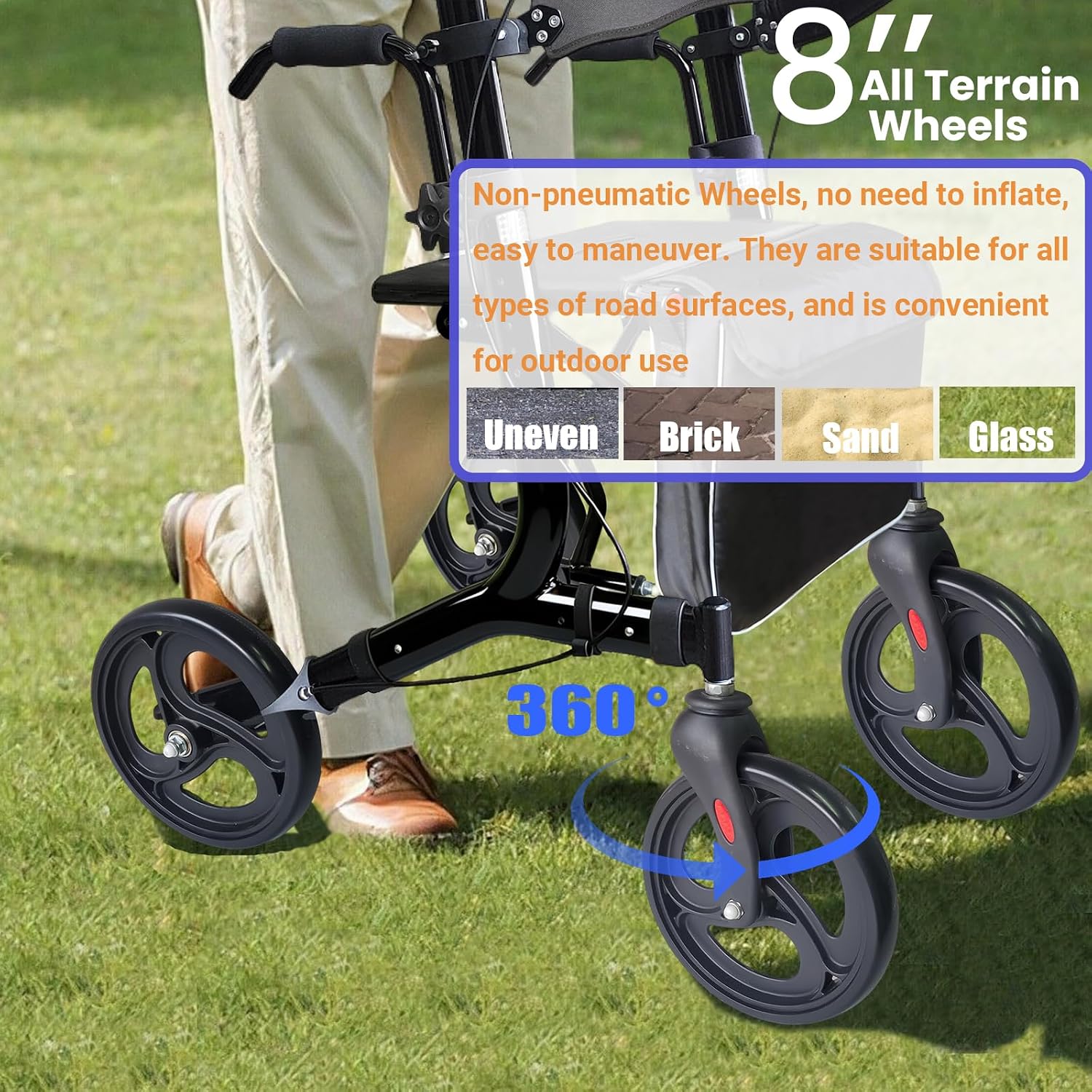Aliseniors Upright Walker for Seniors - Big Stand Up Walker with Wide Seat, Foldable 4 Wheel All-Terrain Rolling Walker, Adjustable Armrests, 300lbs, Improves Posture & Reduces Back Strain | 20.6" Wide Seat, Foldable Rollator, 8" All-Terrain Wheels, Adju…