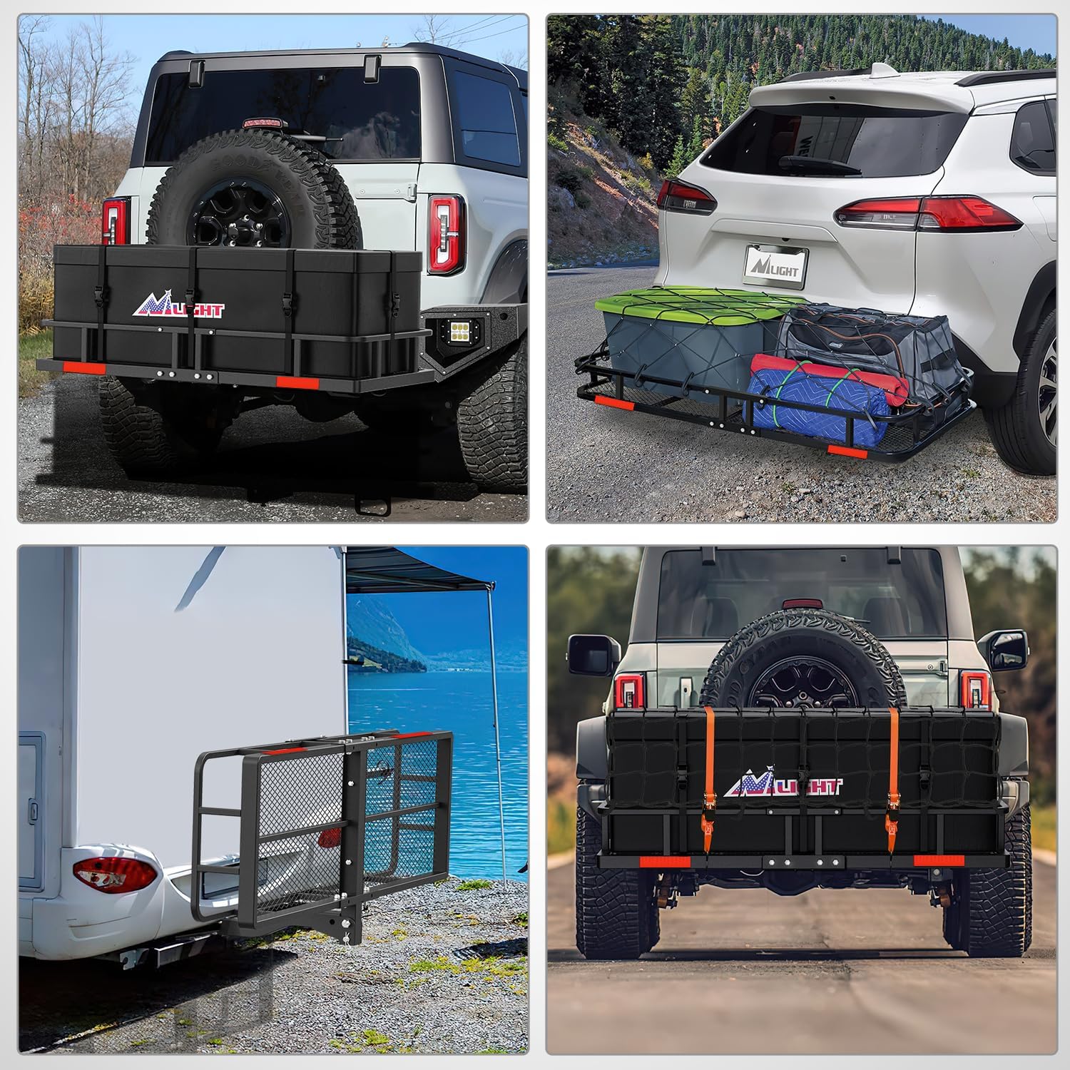 Nilight 32”×26”×4” RV Bumper Mounted Cargo Rack Carrier with Net Fits 4-inch or 4-1/2-inch Bumpers Heavy Duty Luggage Holder Basket for RV Camping Traveling Capacity 350LBS