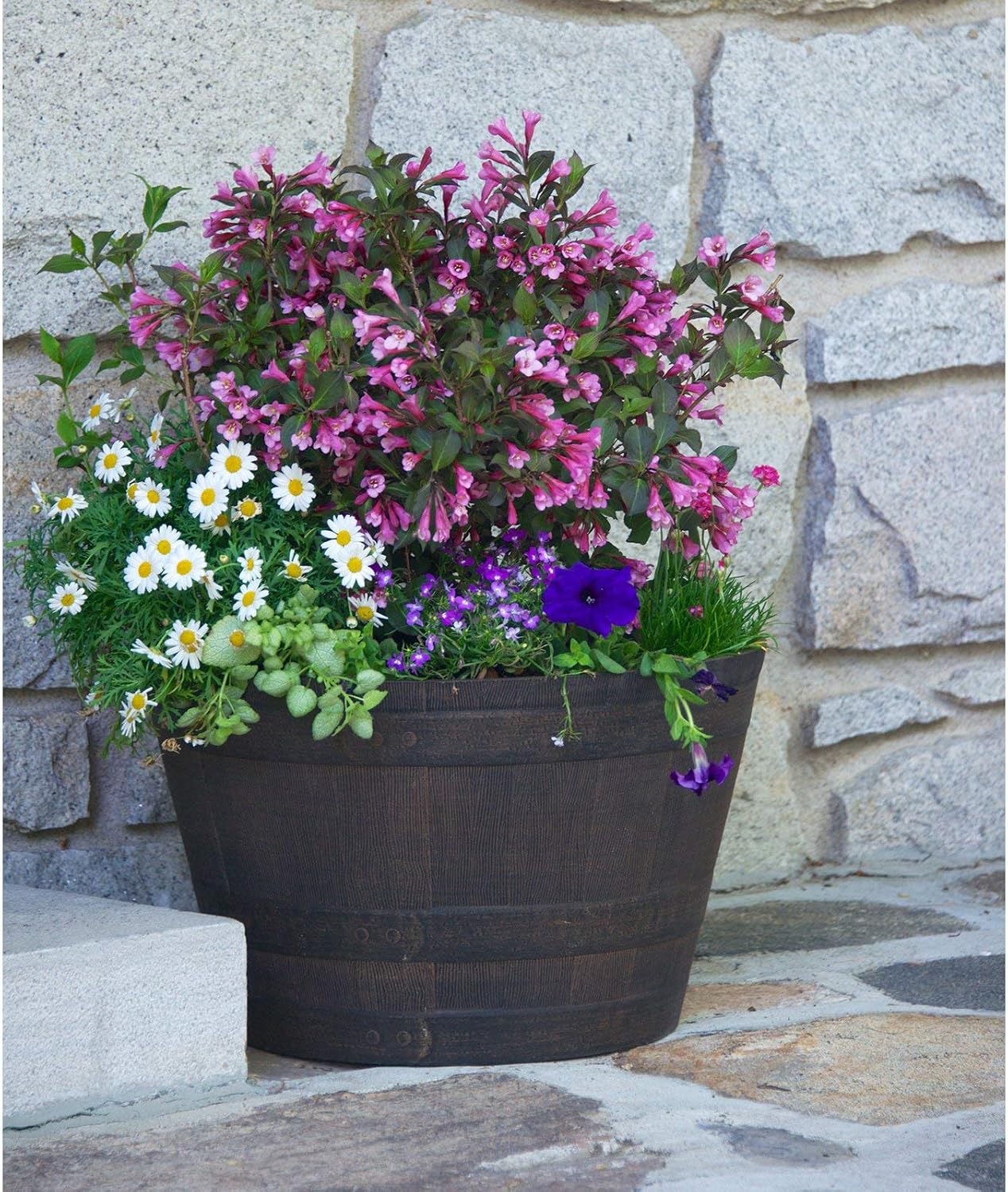 Rocky Mountain Goods Whiskey Barrel Planter Pot Large - 15” Weathered Oak Barrel Plastic Resin - Outdoor/Indoor Flower Pot - UV Fade Resistant