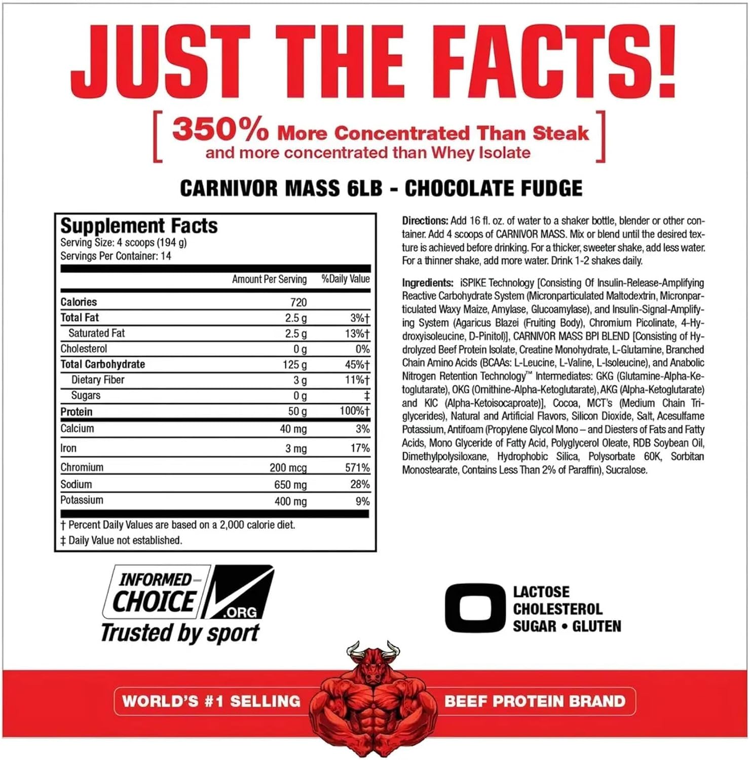 MuscleMeds CARNIVOR Mass Gainer Beef Protein Isolate Shake, 50 Grams Protein, 125 Grams Carbs, 0 Fat, 0 Sugar, Lactose Free, Halal Certified, Chocolate Peanut Butter, 6 Pound