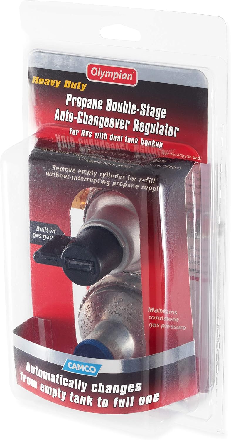 Camco Propane Double-Stage Auto-Changeover Regulator | Features Auto Switch Over from Empty to Full Propane Tank | Ideal for Refilling Propane
