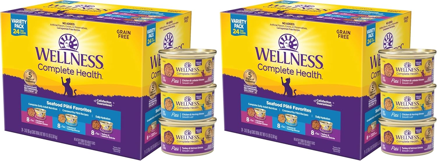 Wellness Complete Health Pate Variety Pack Adult Canned Wet Cat Food, Natural, Protein Rich, Grain Free, Chicken and Turkey Favorites, 3 oz