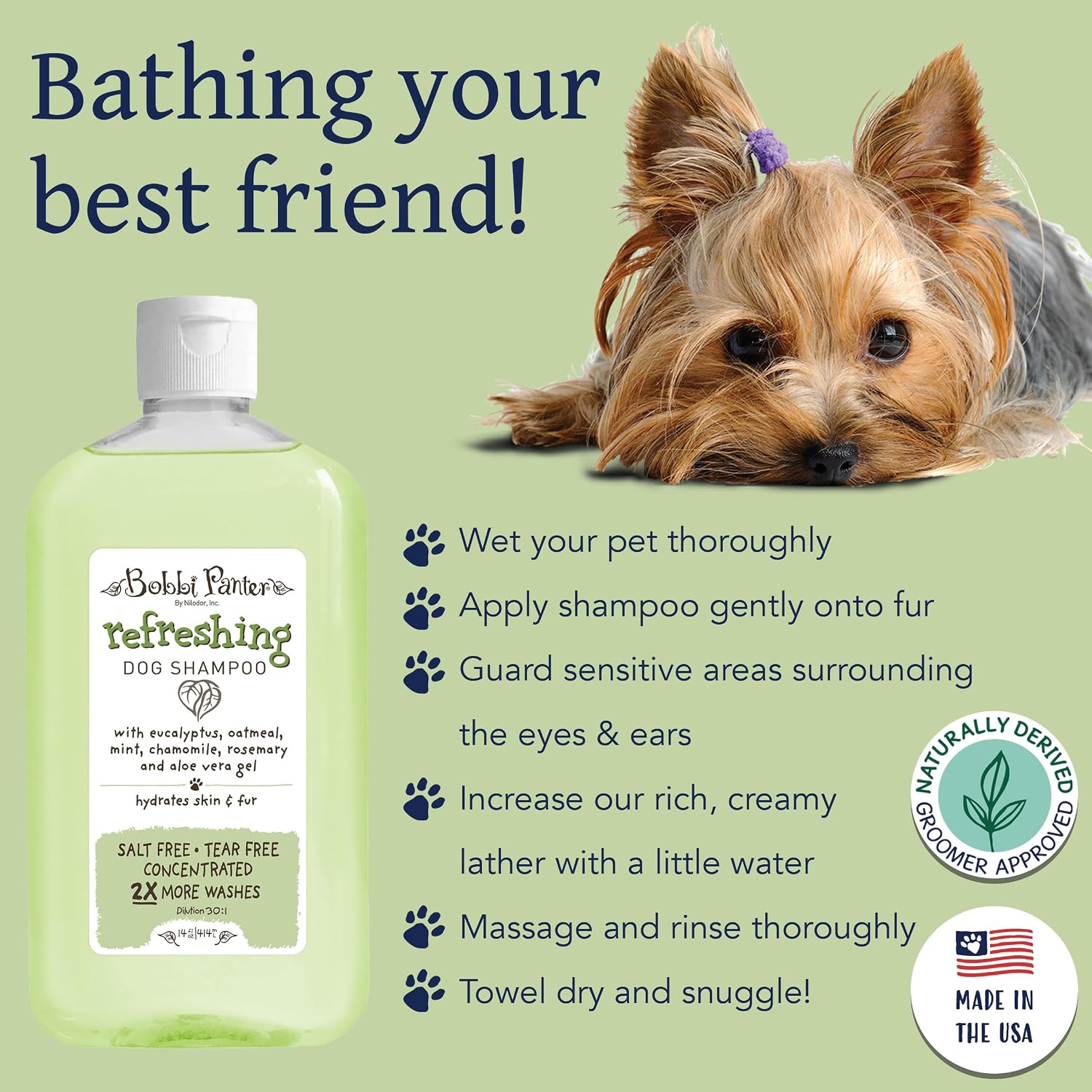 Bobbi Panter Soothing Dog Shampoo Tea Tree, Lavender, Cucumber & Oat Protein – Natural Formula for Sensitive Skin & Irritation Relief, Tear-Free, 30:1 Concentrate, Made in USA, 14 oz