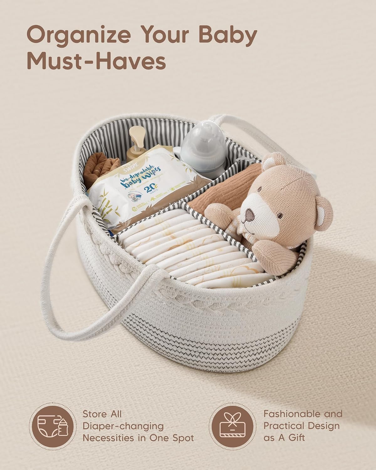 Maliton Diaper Caddy Organizer for Baby, Cotton Rope Baby Gift Basket, Portable Diaper Organizer for changing table, Nursery Storage Organizer