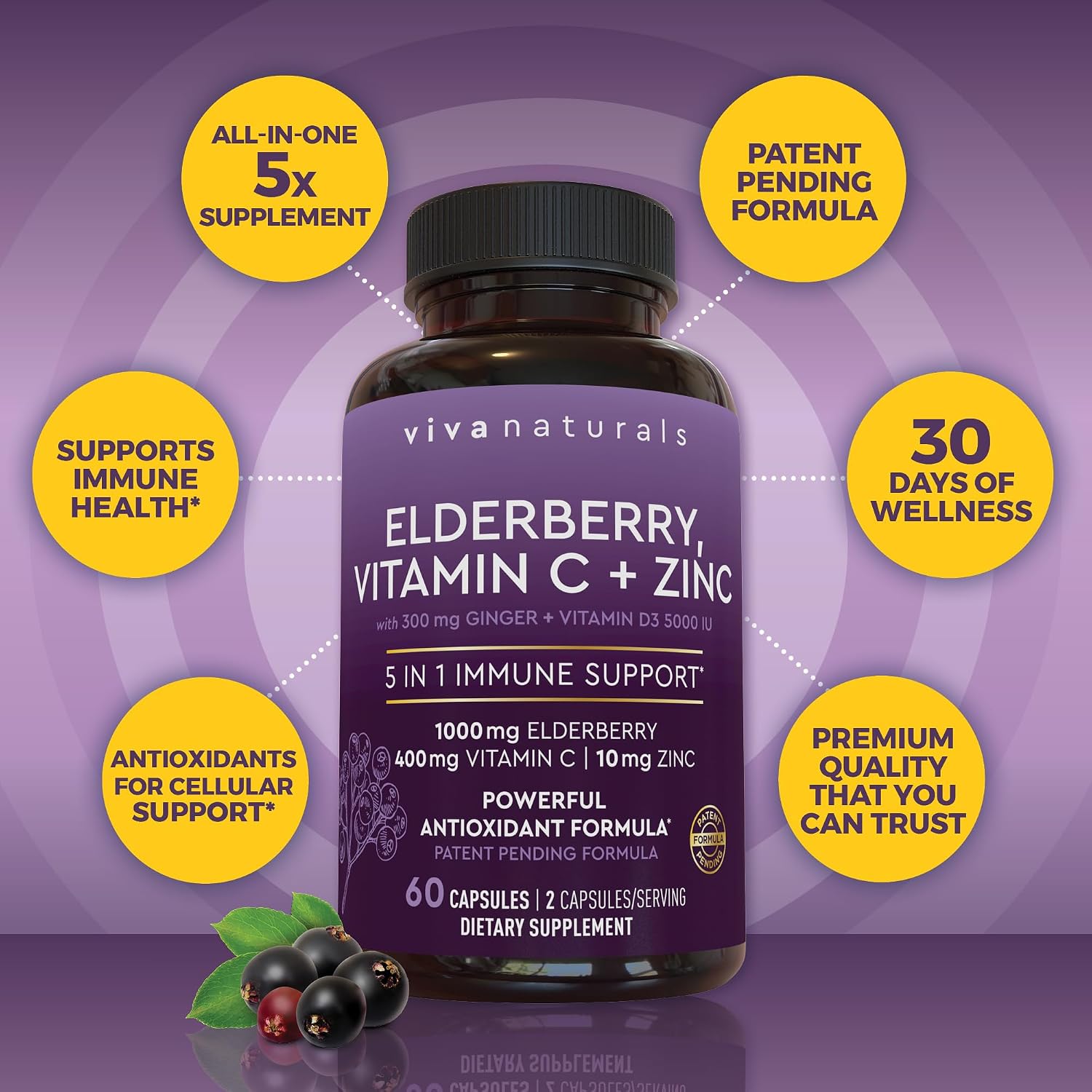 Viva Naturals Elderberry with Vitamin C and Zinc for Adults - 5 in 1 Sambucus Black Elderberry Capsules with Vitamin D3 5000 IU Immunity Supplement
