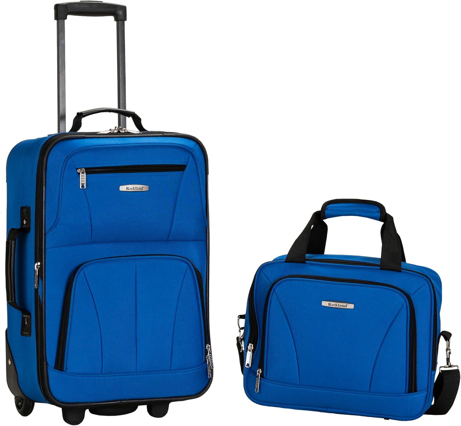 Rockland Fashion Softside Upright Luggage Set,Expandable, Telescopic Handle, Wheel, Black Dot, 2-Piece (14/19)