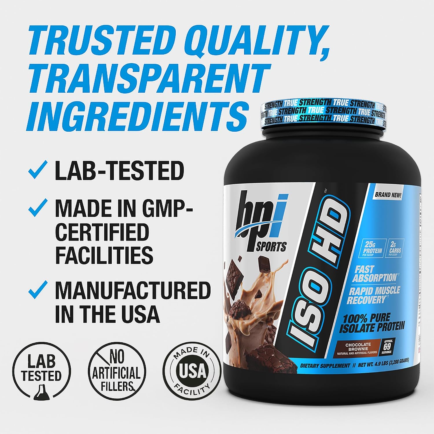 BPI Sports ISO HD Isolate Protein Powder – 100% Whey Isolate, Protein Powder for Muscle Gain - Chocolate Brownie, 5.4 Pounds - 69 Servings
