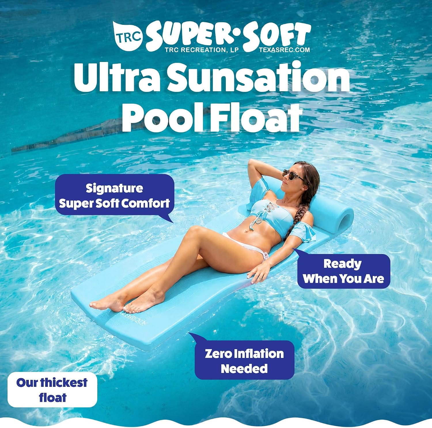 TRC Recreation Ultra Sunsation 2.5” Thick Vinyl Coated Foam Swimming Pool Float Mat Adult Lounger with Built-in Roll Pillow