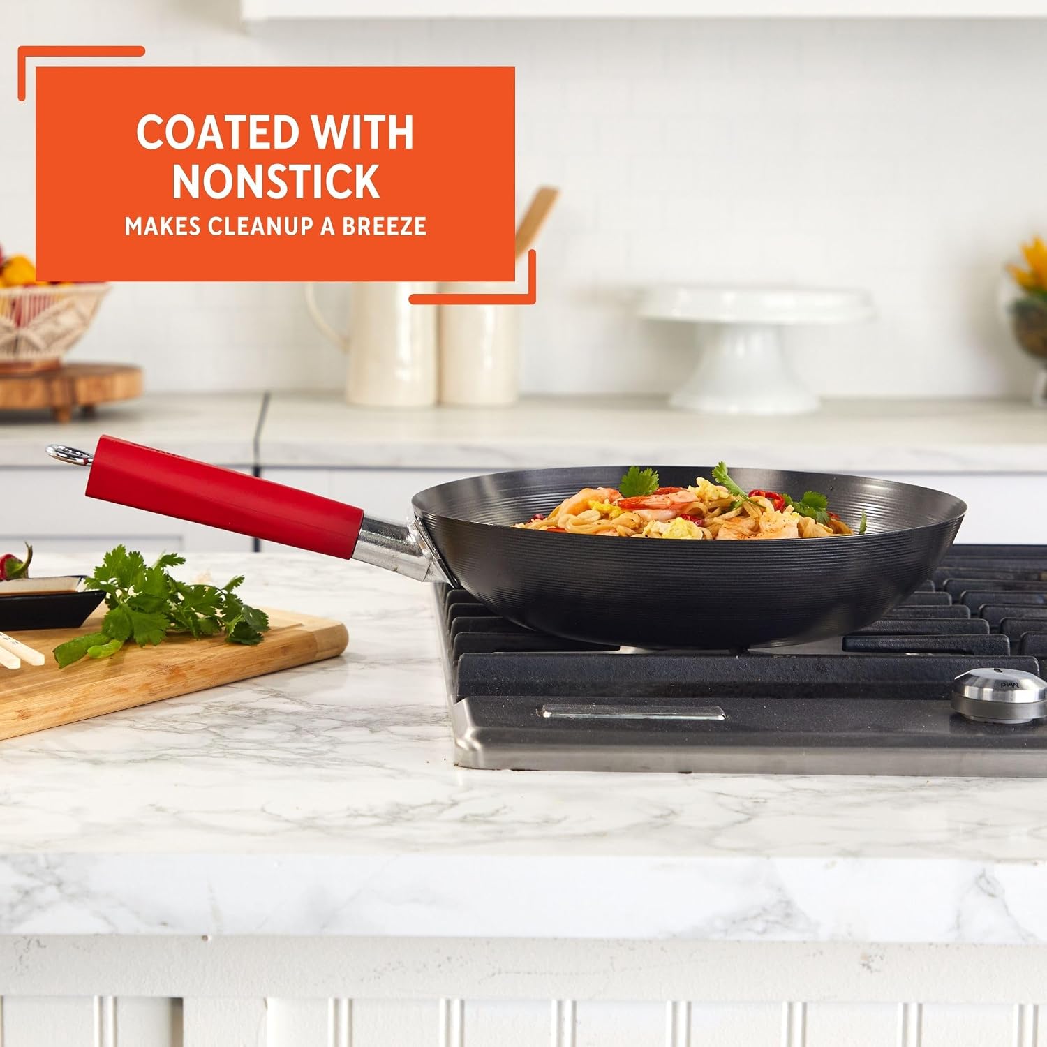 IMUSA 9.5 Inch Carbon Steel Nonstick Wok with Cool-touch Handle, Black | Cool-Touch Handle, Ideal for Stir Fry, Great for Everyday Meals