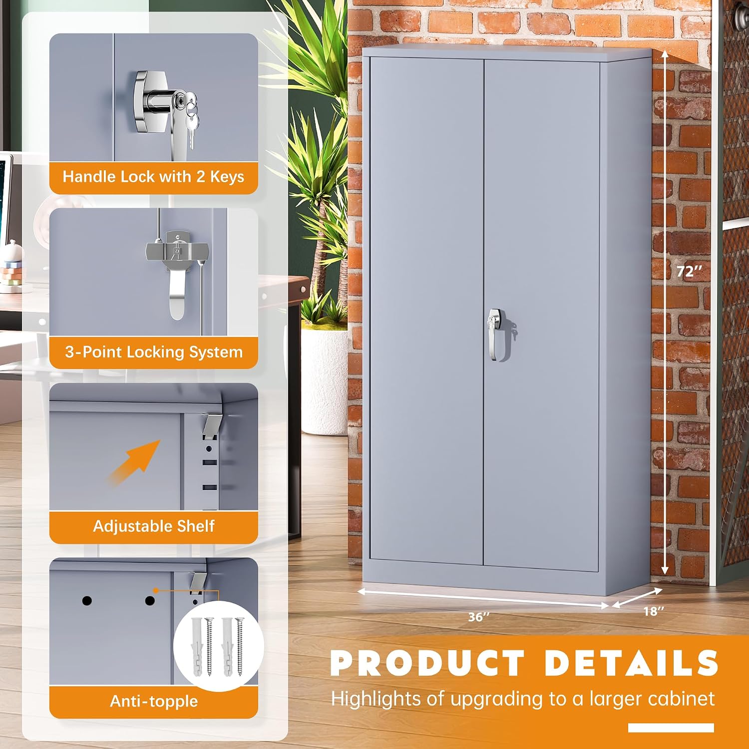 Greenvelly Steel SnapIt Storage Cabinet, 72" Locking Metal Garage Storage Cabinet with 4 Adjustable Shelves, 2 Doors and Lock for File, Office, Garage