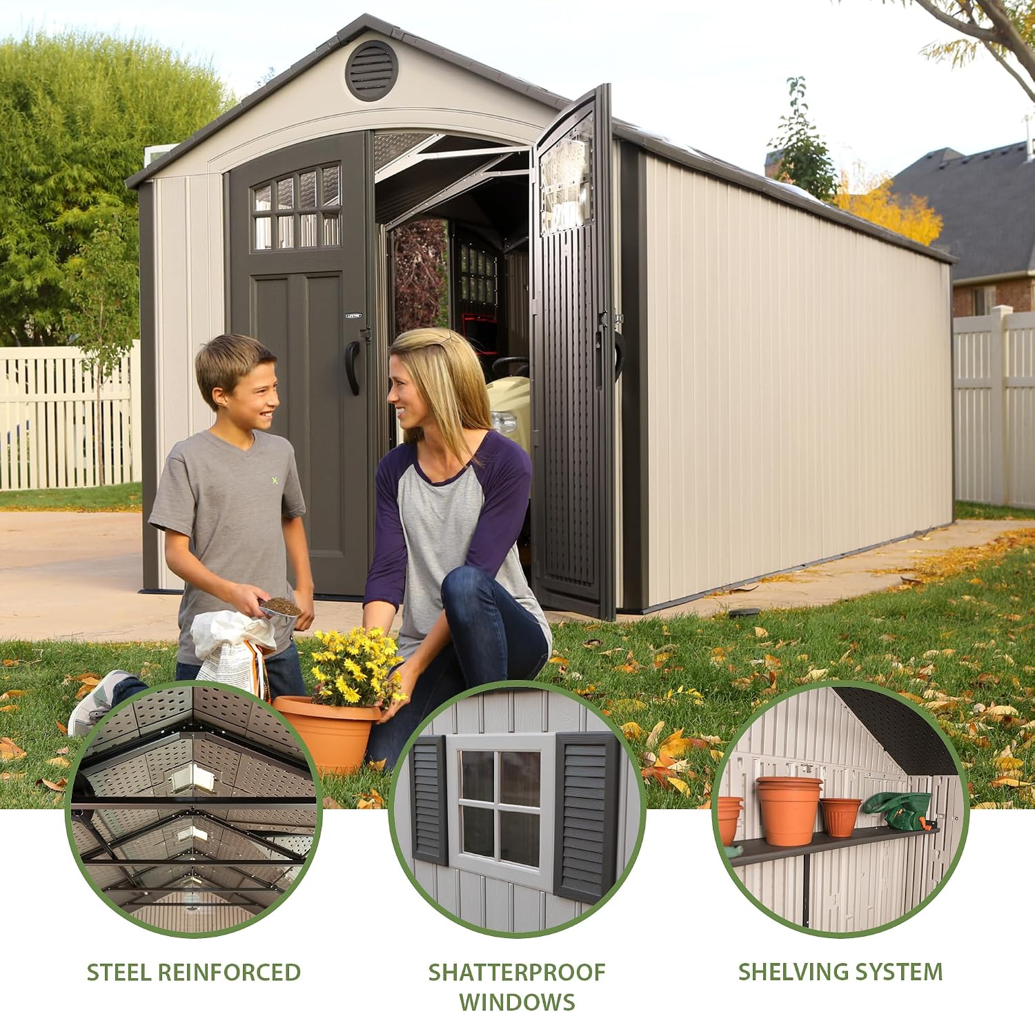 Lifetime 20 x 8 Ft. Outdoor Storage Shed with Steel Reinforced HDPE Walls, Lockable Doors, Windows, Skylights, Adjustable Shelving