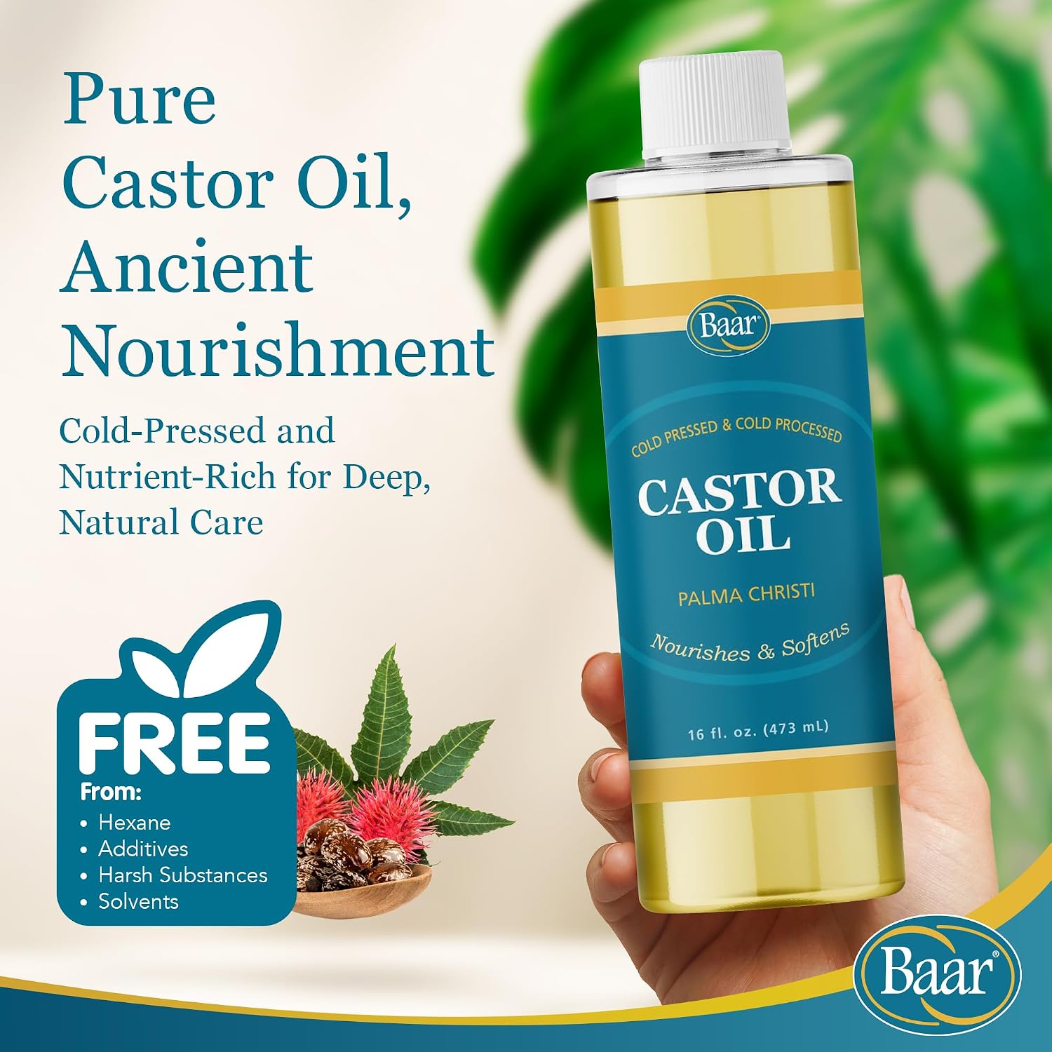 Baar Cold-Pressed Castor Oil, Cold-Processed, Hexane-Free, Palma Christi, for Skin, Hair, Massage & Castor Oil Packs, BPA-Free Bottle, 32 oz | Hexane free, Palma Christi oil, BPA-free bottle, skin, hair and massage applications