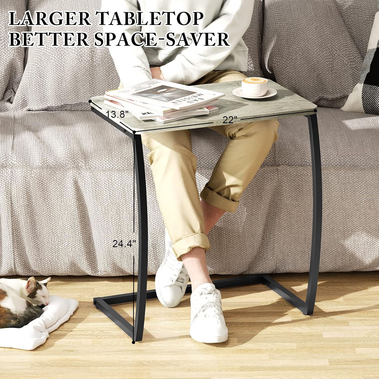SRIWATANA Walnut C Shaped Side Table, Vintage End Table for Sofa Couch Bed