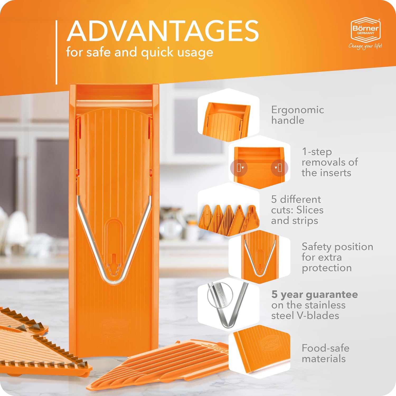 BORNER V Mandoline Slicer Kitchen V1 ClassicLine Starter Set | Vegetable Grater Börner - Quality Made in Germany, Color:Orange