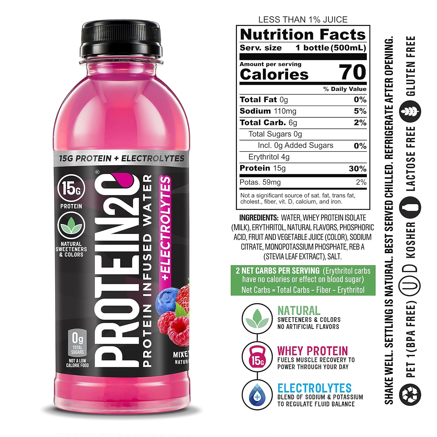 Protein2o 15g Whey Protein Isolate Infused Water, Ready To Drink, Sugar Free, Gluten Free, Lactose Free, Harvest Grape, 16.9 oz Bottle (Pack of 12)