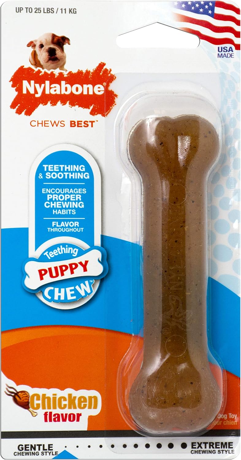 Nylabone Puppy Chew Teething Ring Bone Dog Toy, Chicken Flavor, X-Small | Soothing teething toys for puppies, puppy enrichment, & teething relief, freezable for added comfort, dogs up to 15 lbs