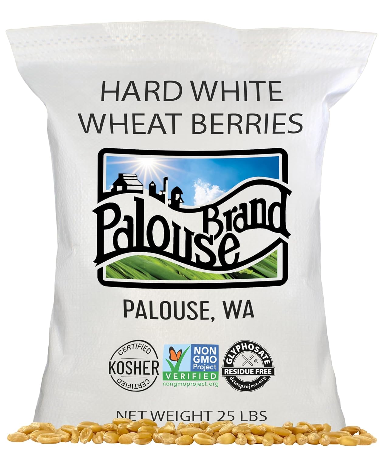 Palouse Brand Certified Glyphosate Residue Free Hard White Wheat Berries | 25 LBS | Family Farmed in Washington State | Sproutable | Non-GMO Project Verified | Kosher