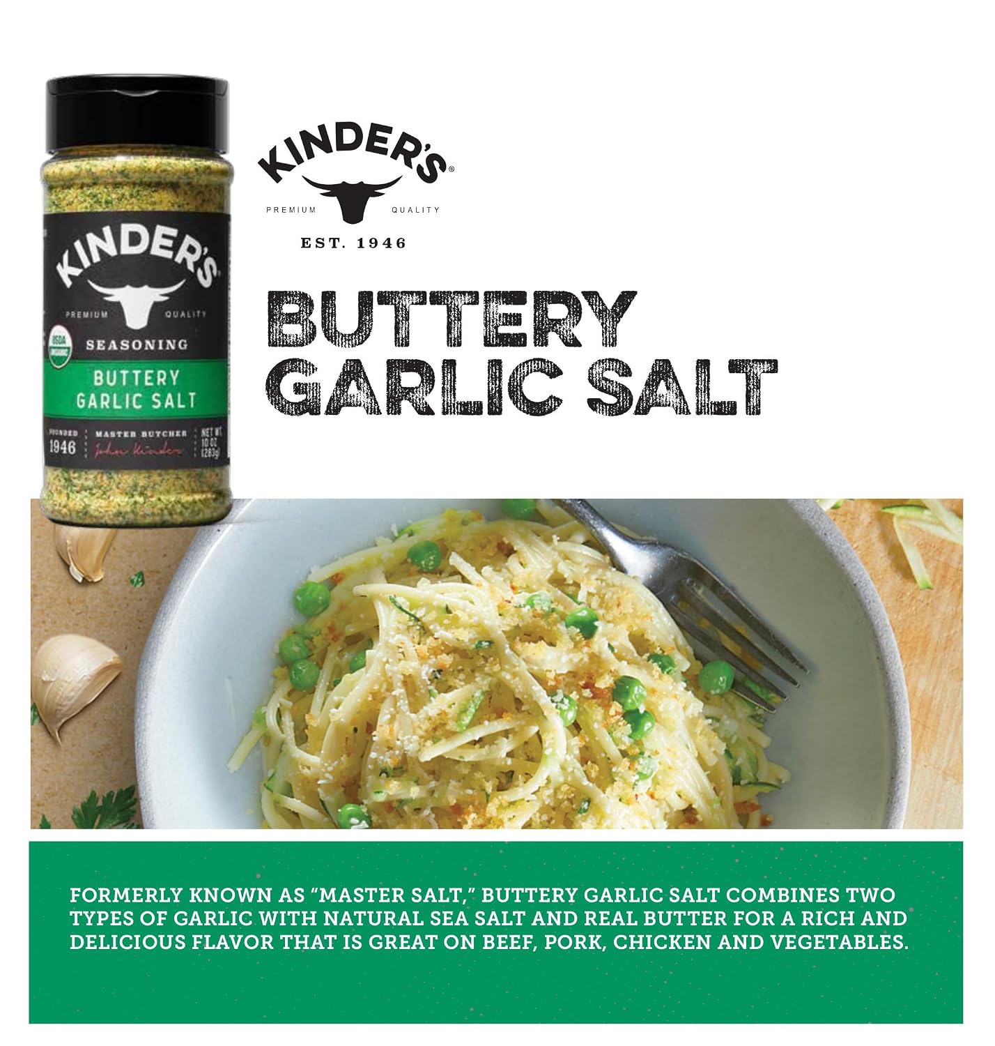 Kinder's Organic Buttery Garlic Salt, Premium Quality Seasoning, MSG Free and USDA Certified Organic, 2.75 oz