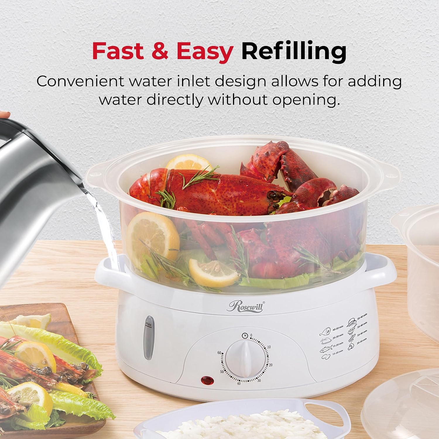 Rosewill Electric Food Steamer with 3 Tiers BPA-Free Stackable, Dishwasher Safe Baskets, 800W with fast steam heating within 40s