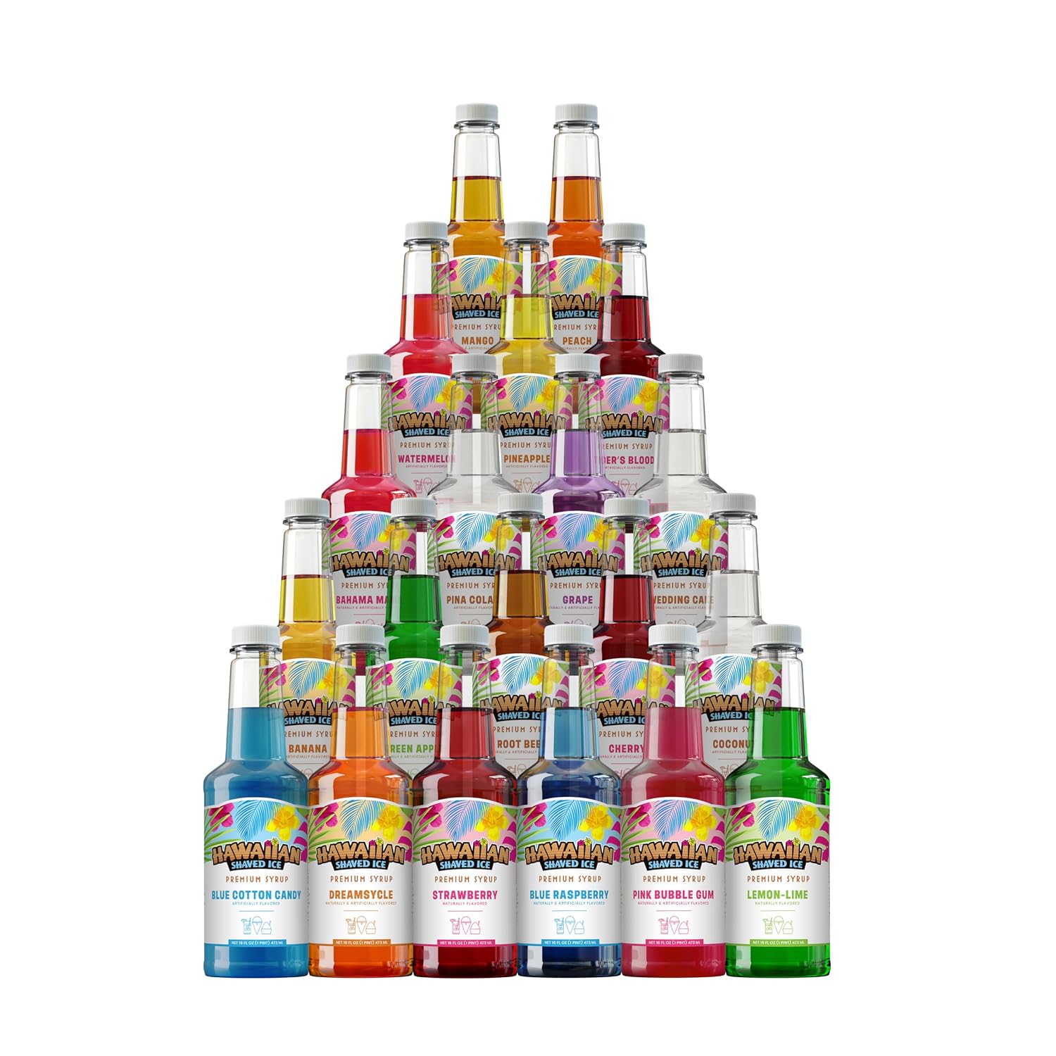 Hawaiian Shaved Ice Syrup Assortment, 20 - 16-ounce Bottles of the Most Popular Flavors Including Cherry, Grape, Blue Raspberry, Lemon-Lime