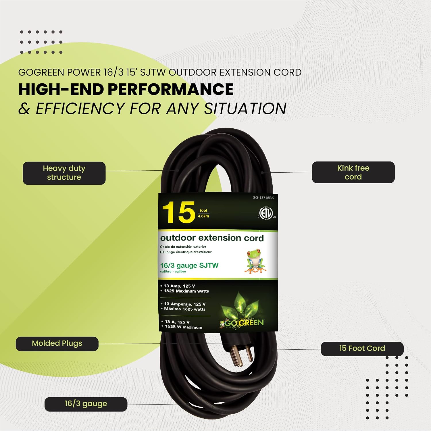 Go Green Power Inc. (GG-14025) 12/3 SJTW Outdoor Extension Cord, Lighted End, 25 ft