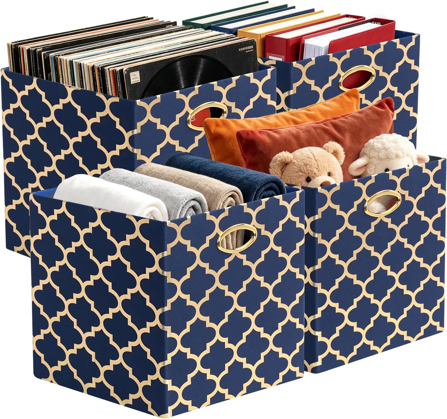 Posprica Storage Bins, Storage Cubes,13×13 Fabric Drawers Organizer Basket Boxes Containers (13×13×13/4pcs, Cream/gold geometry Pattern)