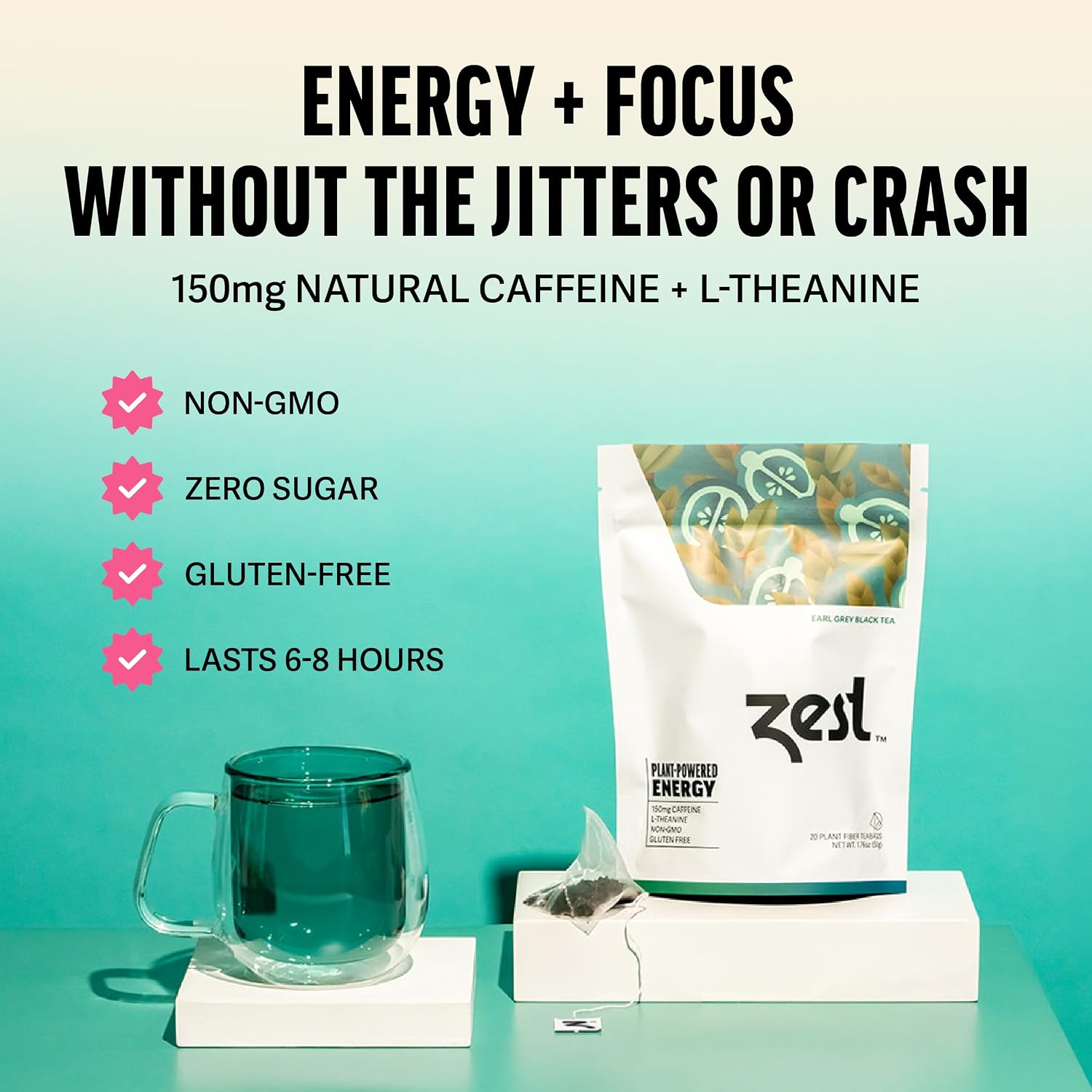 Zest Energy Green Tea – Pomegranate Mojito High Caffeine Tea Bags for Focus & Morning Energy – Natural Caffeinated Tea with 135mg Caffeine – Coffee Substitute – 20Ct Pack, Non-GMO & Keto Friendly