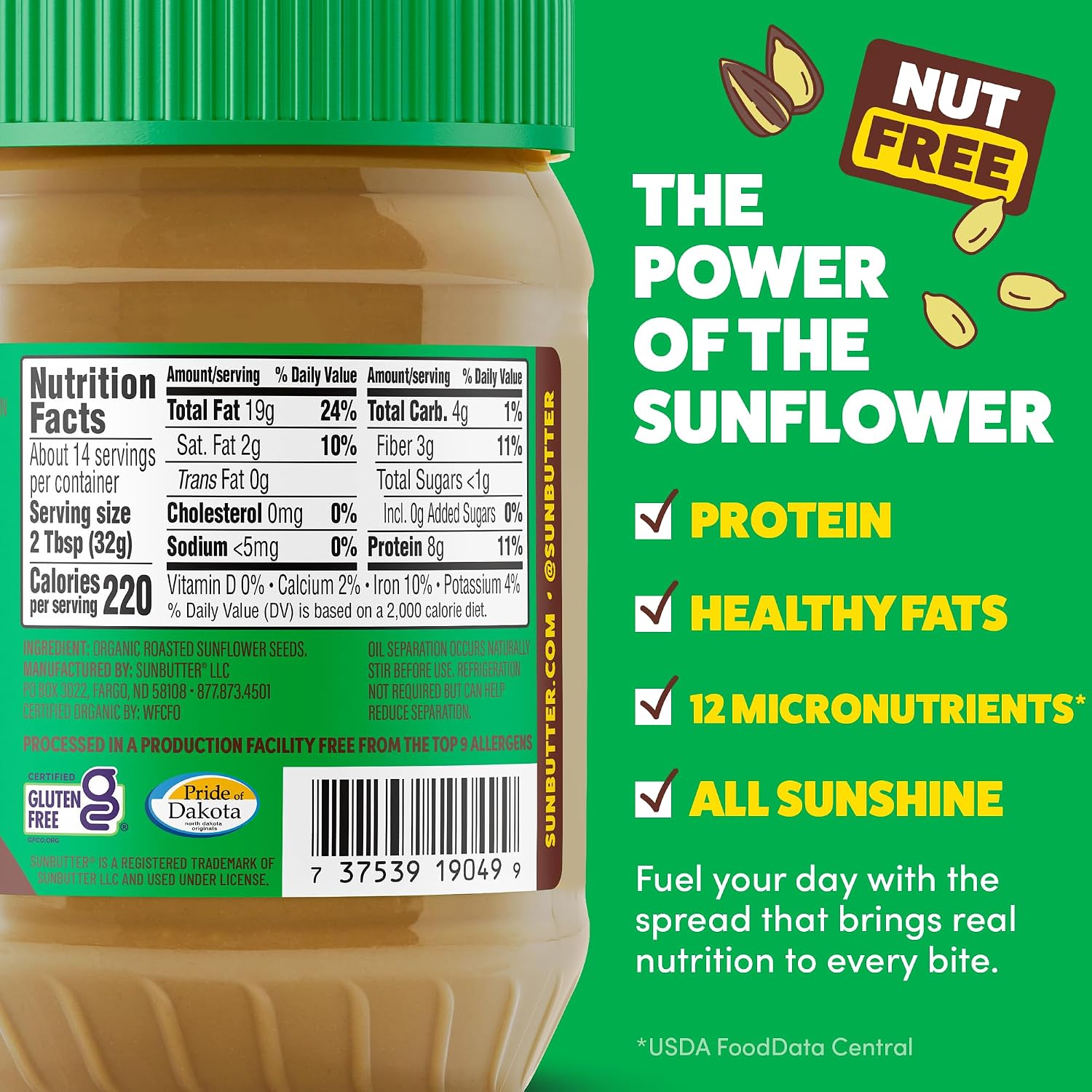 SunButter Original Sunflower Seed Butter, 16 oz Nut-Free Spread with 7g Plant-Based Protein, Roasted Rich & Savory Flavor, Smooth Texture | Vegan, Kosher & Non-GMO