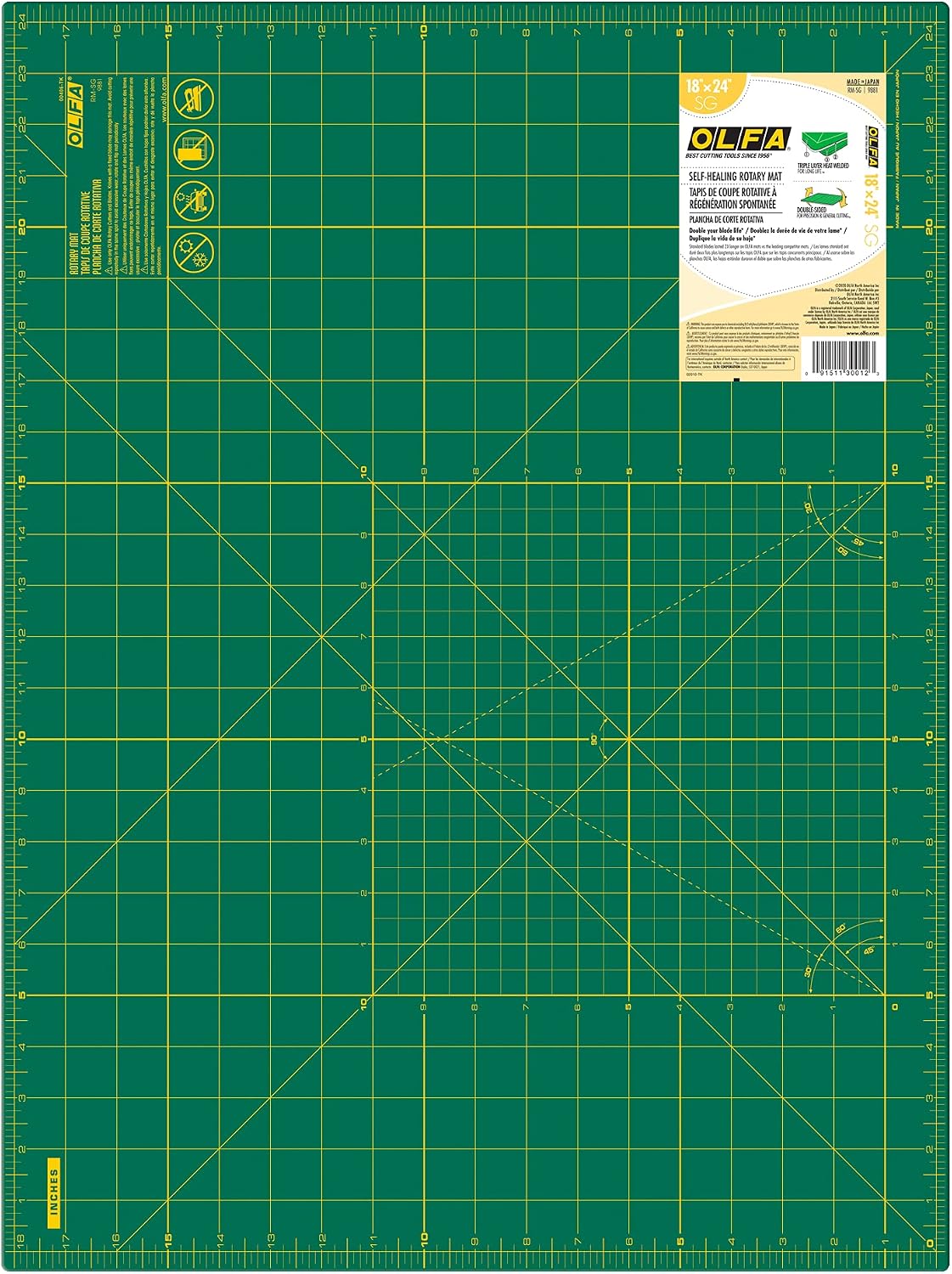 OLFA 18x24" Self-Healing Rotary Cutting Mat (RM-SG) - Double-Sided, Green | Self-healing, triple-layer, double-sided grid