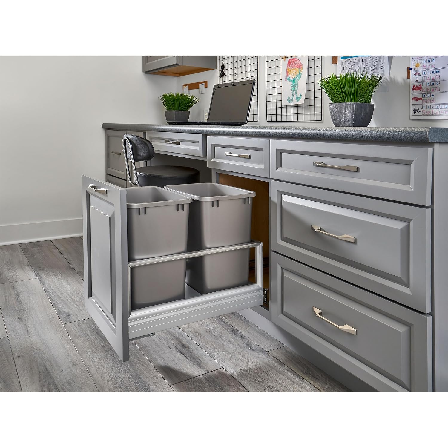 Rev-A-Shelf Double 50 Qt Pull Out Trash Can w/Soft-Close for Base Kitchen Cabinets, Min Opening Width of 15.75", Silver, 5149-2150DM-217