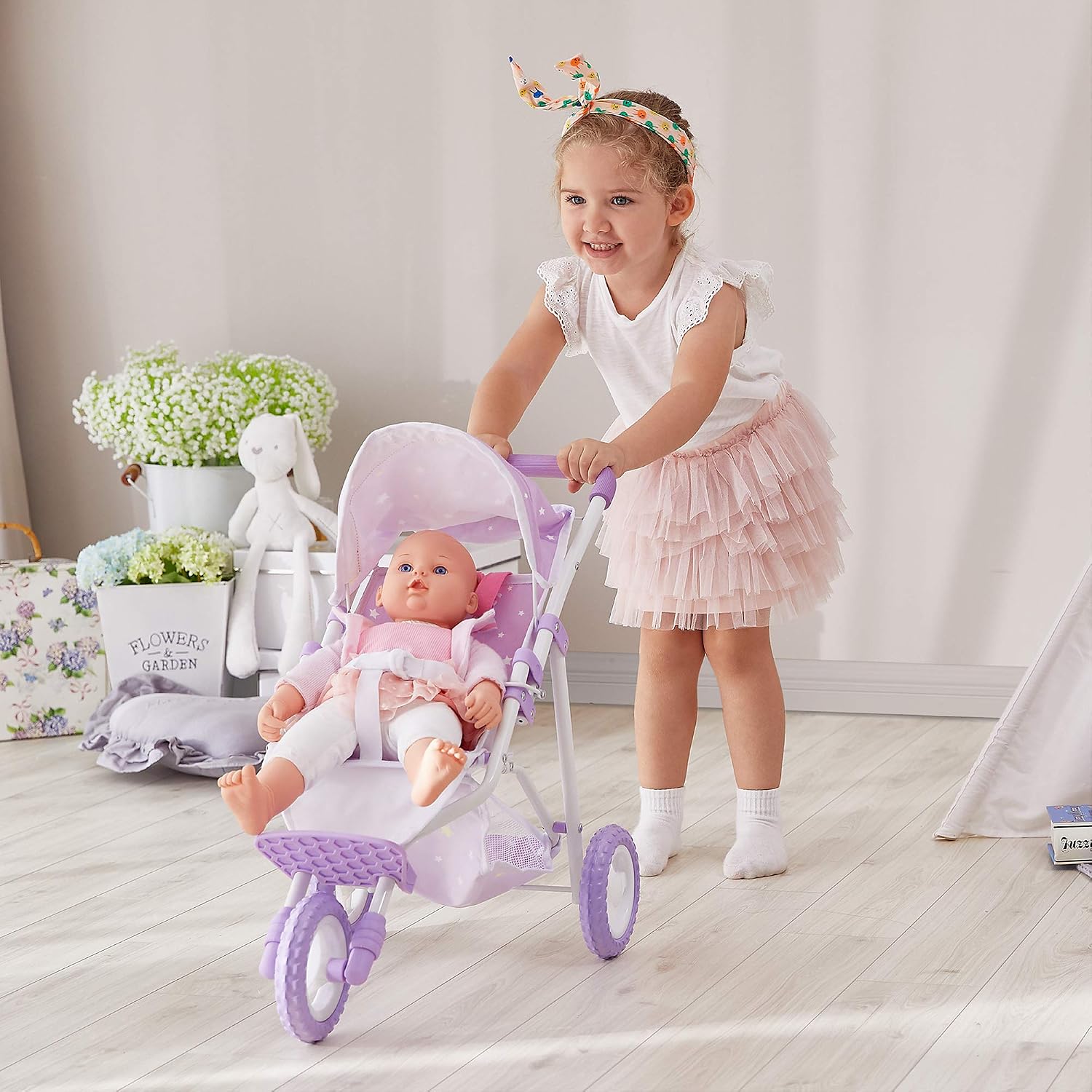 Olivia's Little World Baby Doll Jogging-Style Stroller with Canopy, Seatbelt and Storage Space, Purple and White