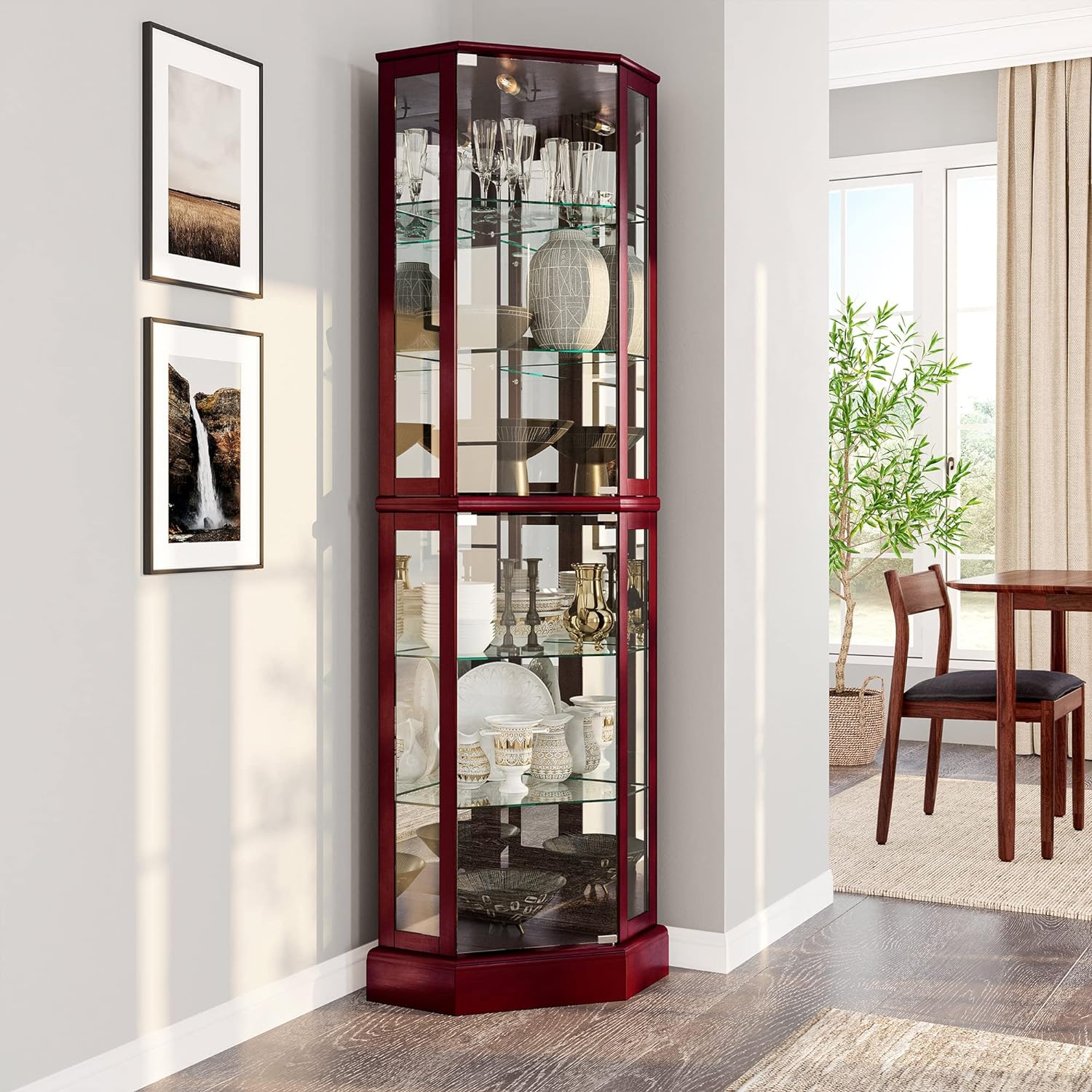 BELLEZE Lighted Corner Display Curio Cabinet Wooden Curved Shelving Unit with Tempered Glass Door