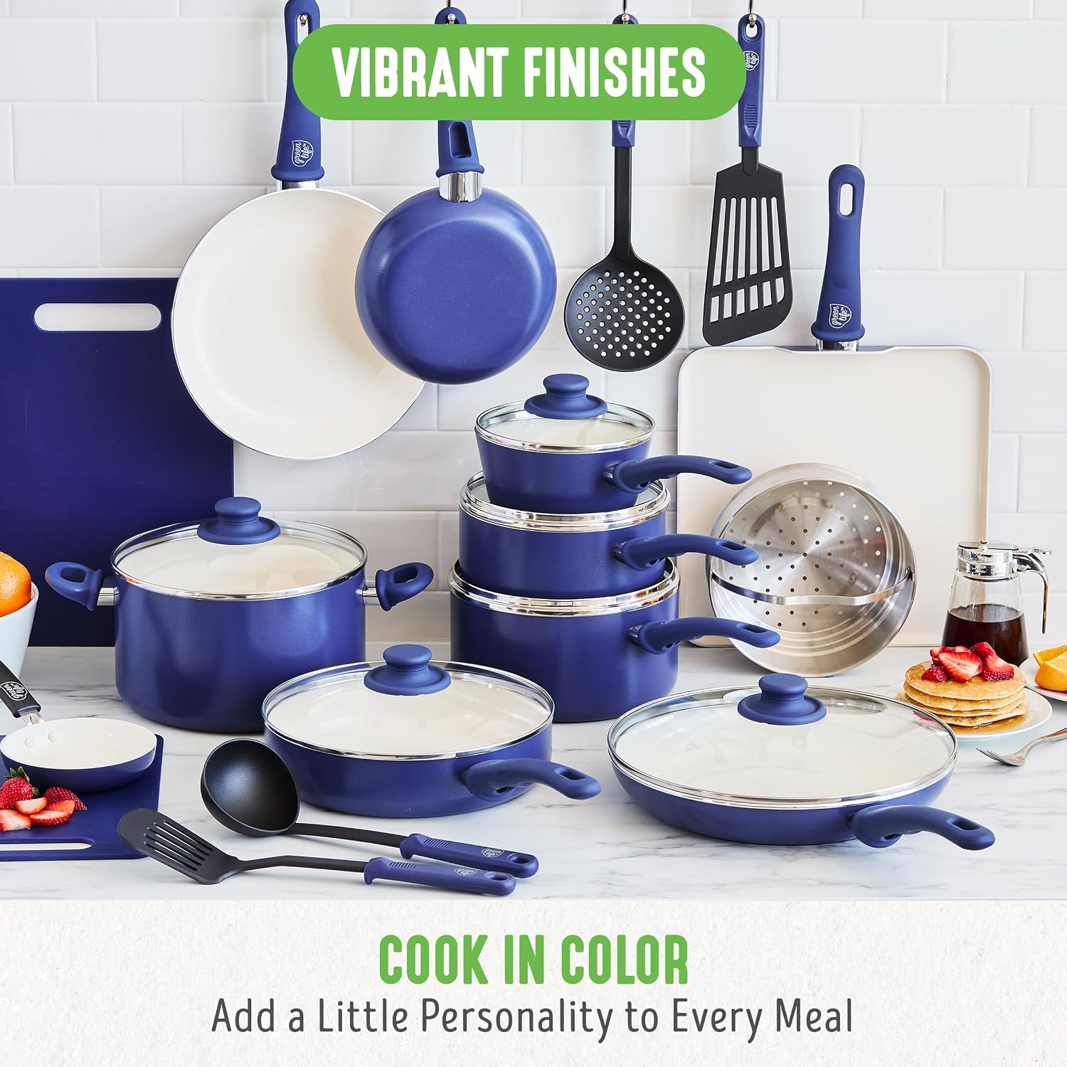 GreenLife Soft Grip Healthy Ceramic Nonstick, 15 Piece Cookware Pots and Pans Set, Induction, PFAS-Free, Dishwasher Safe, Turquoise