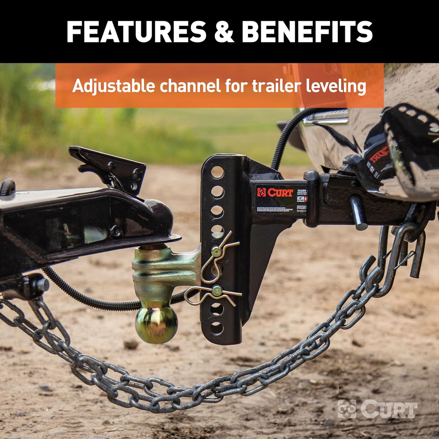 CURT 45900 Adjustable Dual-Ball Channel Mount, 2" Shank, 6" Drop | 2" Ball Rated 10, 000 lb, 2-5/16" Ball Rated 14, 000 lb, 5-1/4" Rise