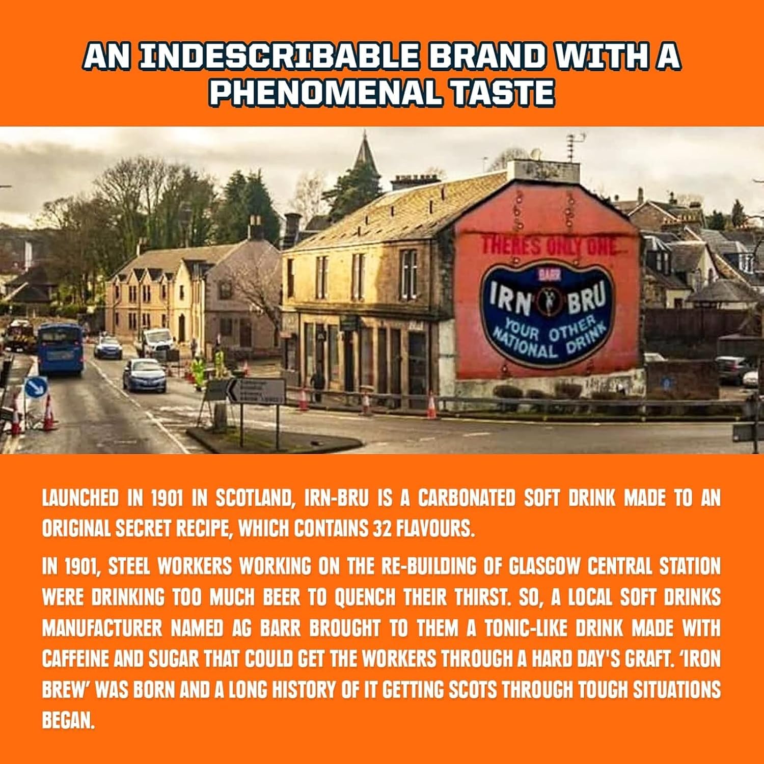 IRN-BRU Original Scottish Sparkling Soda, Citrus Flavored Carbonated Drink - Sparkling Flavored Soft Drink, 32 Flavor Recipe, 16.9 fl oz Bottles, Pack of 12